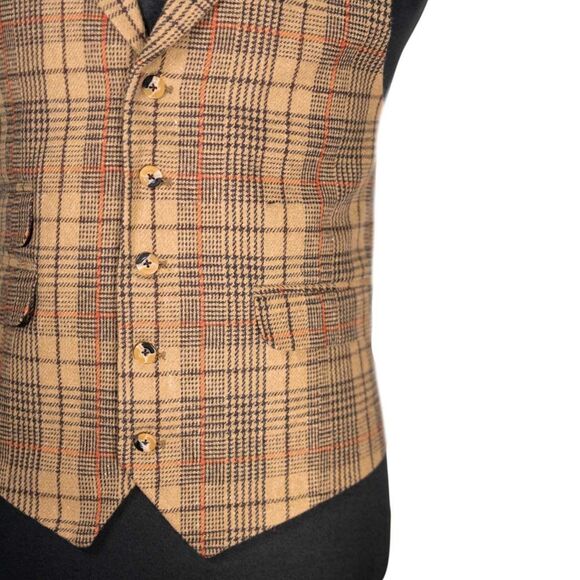 Mens Plaid Wool Vest 42R Tan Orange Waistcoat Wedding Prom Party Formal Casual - Picture 6 of 10